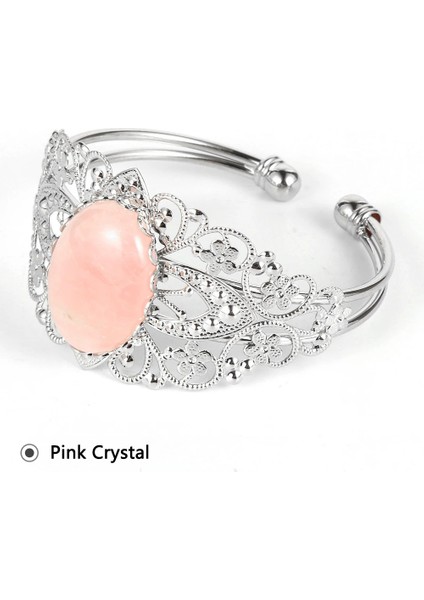 Pembe Kristal Doğal Opal Oniks Kristal Kaplan Gözü Taş Bilezik Bilezik Erkekler Kadınlar Için Vintage Gümüş Renk Çiçek Bakır Boho Wrap Bilezik (Yurt Dışından)