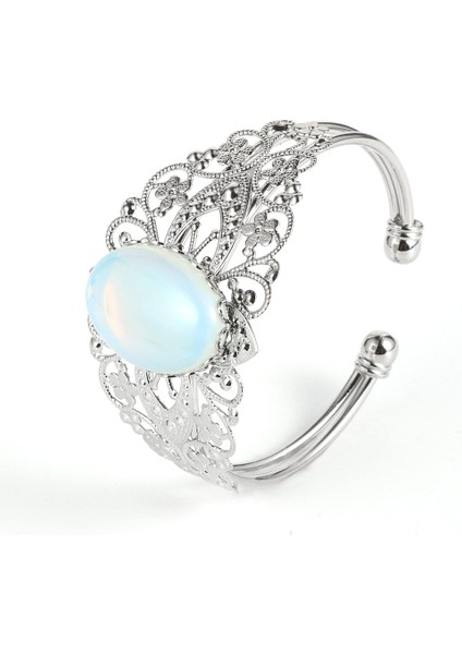 Pembe Kristal Doğal Opal Oniks Kristal Kaplan Gözü Taş Bilezik Bilezik Erkekler Kadınlar Için Vintage Gümüş Renk Çiçek Bakır Boho Wrap Bilezik (Yurt Dışından)
