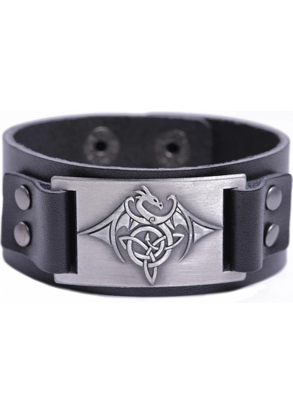 Siyah Gümüş Skyrim Viking Ejderha Muska Metal El Sanatları Vintage Bilezik Bilezik Erkek Bilekliği Iskandinav Ulusal Totem Hakiki Deri Kayış (Yurt Dışından)