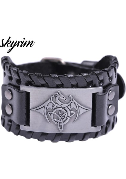 Siyah Gümüş Skyrim Viking Ejderha Muska Metal El Sanatları Vintage Bilezik Bilezik Erkek Bilekliği Iskandinav Ulusal Totem Hakiki Deri Kayış (Yurt Dışından) fiyatları