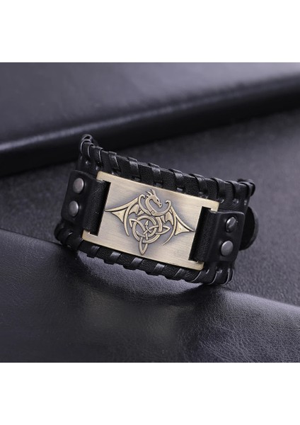 Siyah Gümüş Skyrim Viking Ejderha Muska Metal El Sanatları Vintage Bilezik Bilezik Erkek Bilekliği Iskandinav Ulusal Totem Hakiki Deri Kayış (Yurt Dışından) modelleri