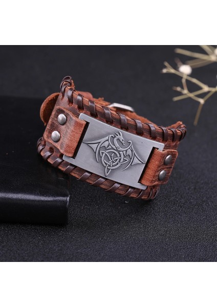Siyah Gümüş Skyrim Viking Ejderha Muska Metal El Sanatları Vintage Bilezik Bilezik Erkek Bilekliği Iskandinav Ulusal Totem Hakiki Deri Kayış (Yurt Dışından) fırsatları