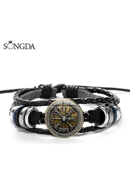 Qiuhong Shop Stil 8 Vegvisir Viking Pusula Deri Bilezik Vintage Trinity Nordic Runes Odin Desen Cam Bilezik Bilezik Erkekler Için Takı Hediyeler (Yurt Dışından)