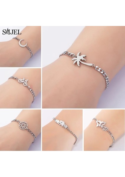 Altın Tarzı NO.142 Beden Paslanmaz Çelik Bilezikler Kadın Moda Palmiye Hindistan Cevizi Ağacı Ay Kelebek Çiçek Fil Charm Bilezik Bohemian Takı Pulseri (Yurt Dışından) fiyatları