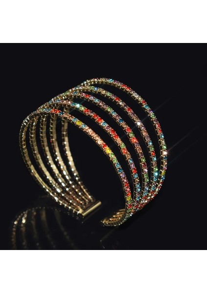 Qiuhong Shop 5 Sıra Altın Bz 2022 Sıcak Yeni Basit Moda Ayarlanabilir Kristal Manşet Kadınlar Takı Hediye Için Açılış Bilezik Kız Rhinestones Mujer Pulseras (Yurt Dışından)