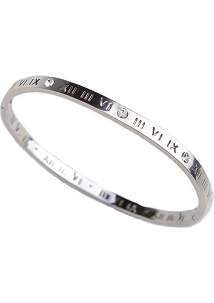 56-58MM Tarzı Çelik Rengi Zirkon Takı Titanyum Çelik Romen Rakamlı Sarı Altın Ton Kadınlar Için 6mm Manşet Bileklik Bilezik (Yurt Dışından)