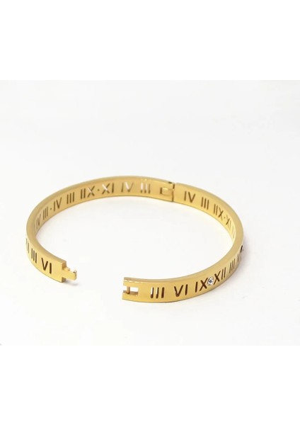 56-58MM Tarzı Çelik Rengi Zirkon Takı Titanyum Çelik Romen Rakamlı Sarı Altın Ton Kadınlar Için 6mm Manşet Bileklik Bilezik (Yurt Dışından) fırsatları