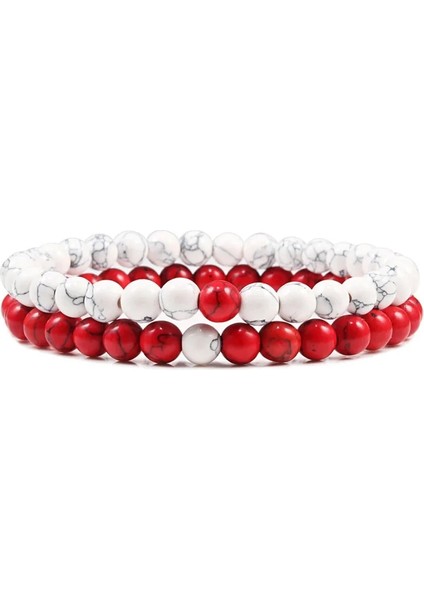 6mm Beyaz-Kırmızı Set Bilezik Çiftler Mesafe Siyah Beyaz Doğal Lav Taş Kaplan Gözü Boncuklu Erkekler Kadınlar Için Yoga Bilezikler Elastik Halat Takı (Yurt Dışından)