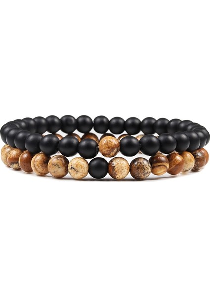 6mm Mat-Resim Set Bilezik Çiftler Mesafe Siyah Beyaz Doğal Lav Taş Kaplan Gözü Boncuklu Erkekler Kadınlar Için Yoga Bilezikler Elastik Halat Takı (Yurt Dışından)