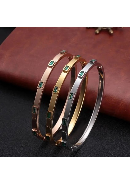 4mm Altın Yeşil Lüks Açık Manşet Bilezik Bilezikler Kristal Zirkonya Gül Altın Renk Paslanmaz Çelik Bilezik Kadın Erkek Moda Takı Için (Yurt Dışından) modelleri