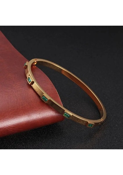 4mm Altın Yeşil Lüks Açık Manşet Bilezik Bilezikler Kristal Zirkonya Gül Altın Renk Paslanmaz Çelik Bilezik Kadın Erkek Moda Takı Için (Yurt Dışından) fırsatları