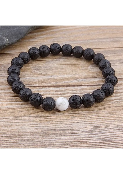 Lav-Beyaz Özel Kadın Erkek Mermer Boncuk Kaplan Gözü Boncuk Mavi Boncuk Lava Doğal Taş Boncuk Bilezik Geniş 8mm Taş El Yapımı Boho Takı (Yurt Dışından)
