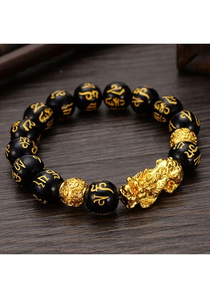 Boncuk Boyutu 12MM Taş Boncuk Bilezik Erkek Kadın Unisex Çin Feng Shui Pi Xiu Obsidyen Bileklik Altın Zenginlik ve Iyi Şanslar Pixiu Kadın Bilezikler (Yurt Dışından)