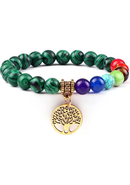 Malakit Altın Sıcak 7 Çakra Hayat Ağacı Bilezikler Doğal Taş Reiki Şifa Engry Boncuk Bilezik Kadın Erkek Yoga Bilezik Meditasyon Takı Hediye (Yurt Dışından)