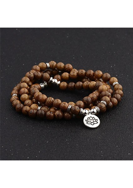 Lotus Unisex Kadın Erkek Yoga 108 Boncuk Bilezik Doğal Sandal Ağacı Budist Buda Ahşap Namaz Boncuklu Lotus Om Bilezik Kolye Tespih (Yurt Dışından)