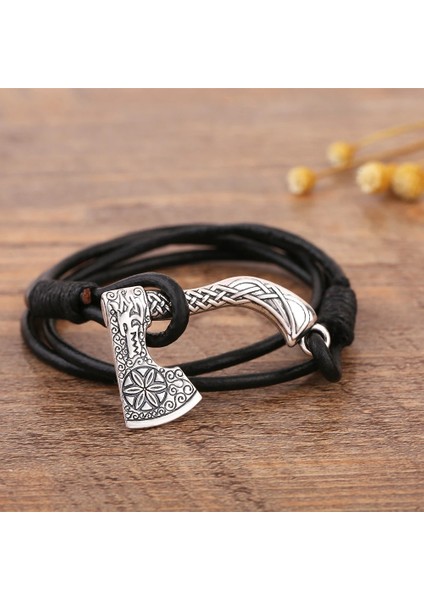 No.5 Boyutu Skyrim El Yapımı Bileklik Valknut Odin'in Viking Kurt Baltası Vikings Muska Charm Deri Wrap Bilezik ve Bilezikler Erkekler Takı Hediyeler (Yurt Dışından)