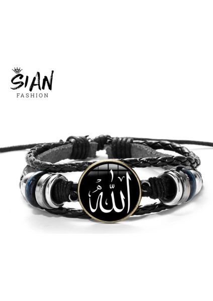 Stil 8 Sıan Arapça Müslüman Tanrı Allah Charm Bilezik Çok Katmanlı Siyah Punk Deri Bilezik Erkekler Kadınlar Islam Kuran Arap Klasik Takı (Yurt Dışından)