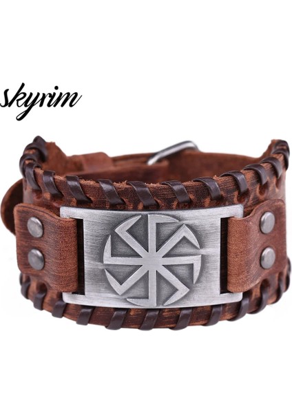 Kahverengi-Gümüş Skyrim Slavic Kolovrat Bilezik Erkekler Için Pagan Muska Tılsım Geniş Hakiki Deri Bilezikler Ayarlanabilir Bileklik Punk Tarzı (Yurt Dışından)