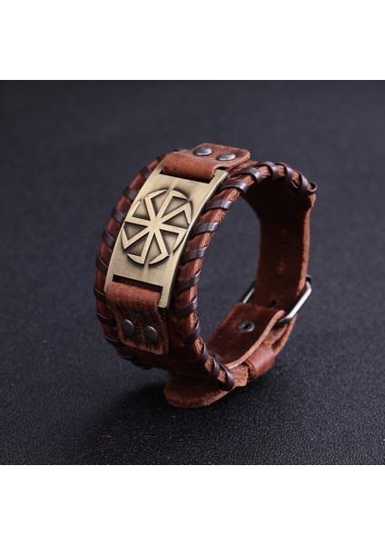 Kahverengi-Bronz Skyrim Slavic Kolovrat Bilezik Erkekler Için Pagan Muska Tılsım Geniş Hakiki Deri Bilezikler Ayarlanabilir Bileklik Punk Tarzı (Yurt Dışından)