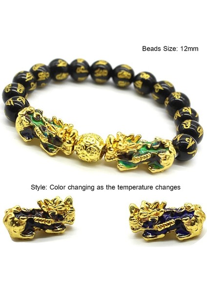 Stil 7 12MM Feng Shui Obsidyen Taş Boncuk Bilezik Erkek Kadın Unisex Bileklik Altın Siyah Pixiu Zenginlik ve Iyi Şanslar Kadın Bilezik (Yurt Dışından)
