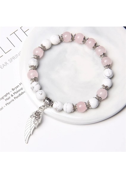 23CM Tarzı Pembe Aventurin El Yapımı Gümüş Renk Gül Melek Kanadı Kolye Bilezik Doğal Pembe Kuvars Kristal Boncuk Charm Bilezik Kadınlar Romantik Takı (Yurt Dışından) fiyatları