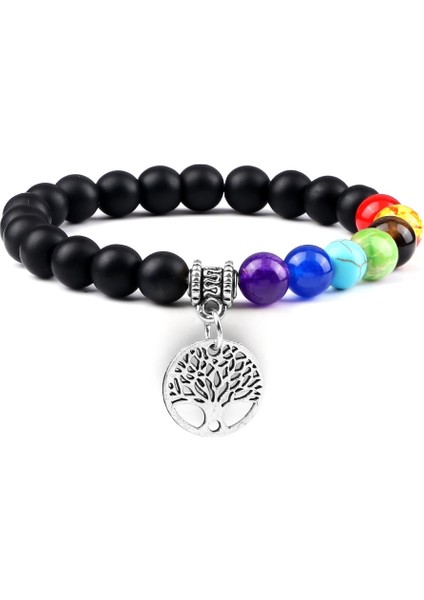 Oniks Gümüş Sıcak 7 Çakra Hayat Ağacı Bilezikler Doğal Taş Reiki Şifa Engry Boncuk Bilezik Kadın Erkek Yoga Bilezik Meditasyon Takı Hediye (Yurt Dışından)