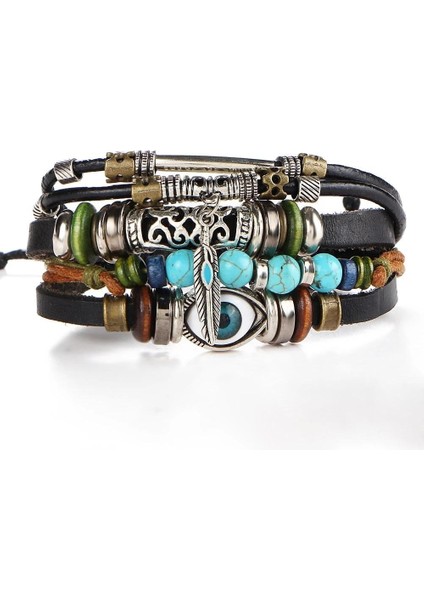 No.29 Beden Vintage Yaprak Tüy Çok Katmanlı Deri Bilezik Erkekler Moda Örgülü El Yapımı Yıldız Halat Wrap Bilezik Bilezik Erkek Hediye (Yurt Dışından)