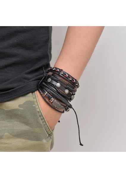 No.29 Beden Vintage Yaprak Tüy Çok Katmanlı Deri Bilezik Erkekler Moda Örgülü El Yapımı Yıldız Halat Wrap Bilezik Bilezik Erkek Hediye (Yurt Dışından) modelleri