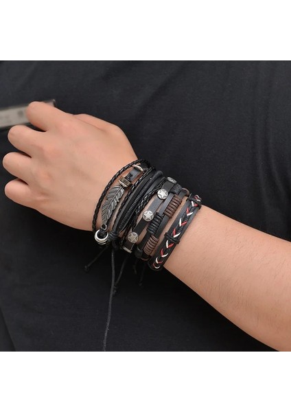 No.29 Beden Vintage Yaprak Tüy Çok Katmanlı Deri Bilezik Erkekler Moda Örgülü El Yapımı Yıldız Halat Wrap Bilezik Bilezik Erkek Hediye (Yurt Dışından) fırsatları
