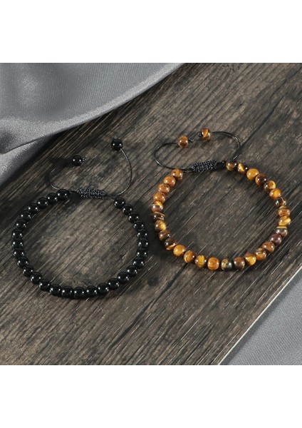 Kaplan Gözü 6mm Doğal Taş Erkek Bileklik Charm Kaplan Gözü Siyah Boncuk Bilezik Örgülü Bileklik Ayarlanabilir Charm Kadınlar Yoga Takı Pulseras (Yurt Dışından)
