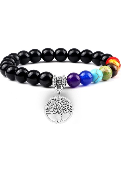 Obsidyen Gümüş Sıcak 7 Çakra Hayat Ağacı Bilezikler Doğal Taş Reiki Şifa Engry Boncuk Bilezik Kadın Erkek Yoga Bilezik Meditasyon Takı Hediye (Yurt Dışından)