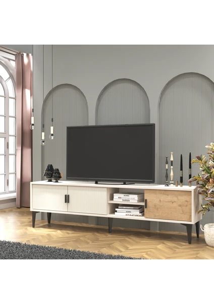 Cool Home Marin Tv Ünitesi Tv Sehpası 180 cm Çizgi Desenli , Raflı , Sis Gri