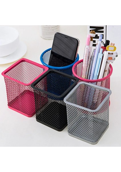 Mavi Yuvarlak Stil Mesh Metal Kalem Kalem Fırça Pot Tutucu Saklama Kabı Ofis Masası Düzenleyici (Yurt Dışından) fırsatları