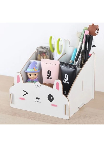 Beyaz Tavşan Stili 1 Adet Çok Fonksiyonlu Kedi Panda Tavşan Kozmetik Masaüstü Saklama Kutusu Ahşap Moda Yaratıcı Karikatür Kalemlik 11*13*15 cm (Yurt Dışından)