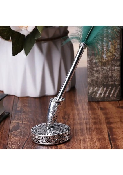 Bir Stil Tüy Quill Dip Peool Için Vintage Metal Yuvarlak Ekleme Kalemlik Ofis Malzemeleri Kırtasiye Öğrenci Hediye (Yurt Dışından) indirimleri