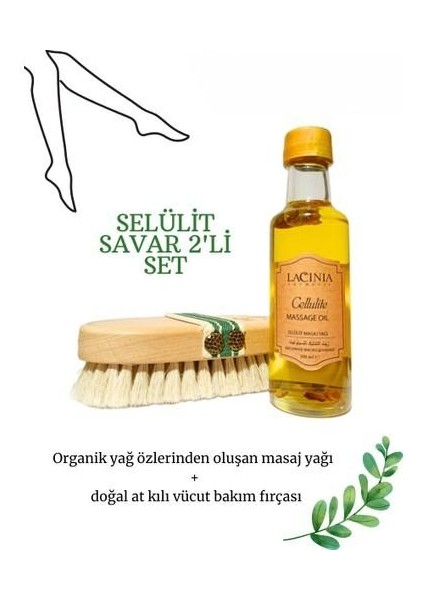 100 Ml Lacinia Selülit Masaj Yağı İle 100 Doğal At Kılı Vücut Bakım Fırçası Set