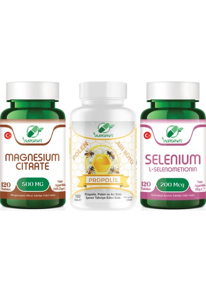 Magnezyum Sitrat 500 Mg 120 Tb Propolis Polen Arı Sütü 100 Tb Selenyum 200 Mcg 120 Tablet