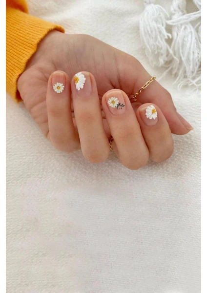 Beyaz Papatya ve Dallı Bahar Nail Art Süsü-Tırnak Sticker