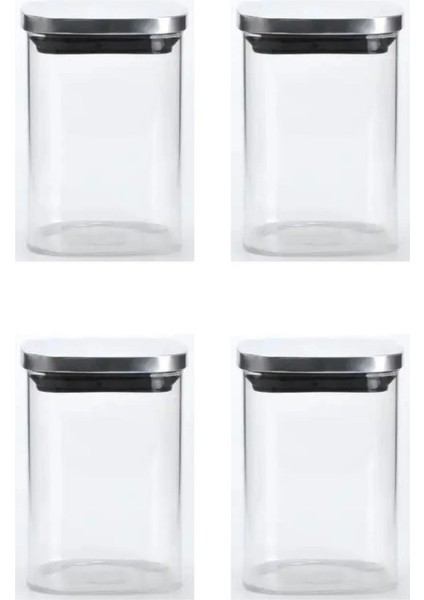 Vakum Krom Kapaklı Kare Cam Kavanoz 6,5X10,5 cm - 300 ml Cam Baharatlık Saklama Kabı 4 Adet