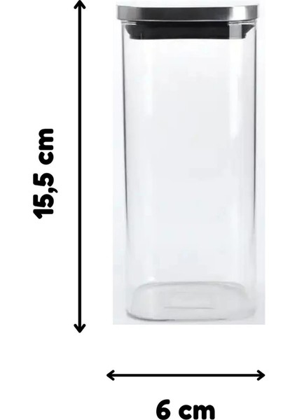 Vakum Krom Kapaklı Kare Cam Kavanoz 6,5X15,5 cm - 450 ml Cam Baharatlık Saklama Kabı 4 Adet