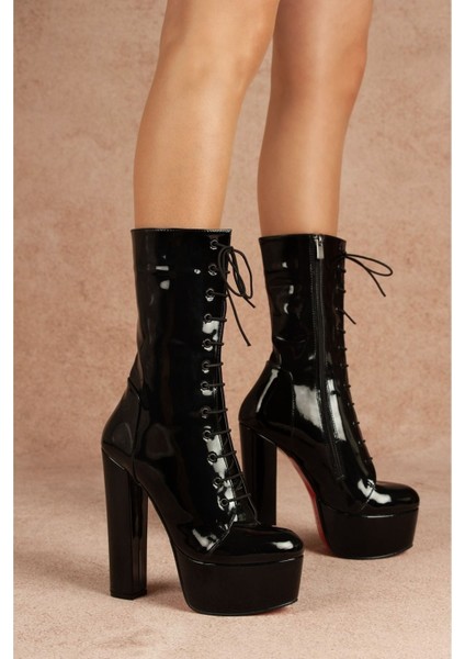 Duke Siyah Rugan Kadın Bot 15 cm Kalın Topuklu Günlük Kullanım için