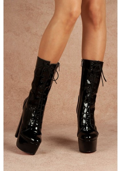 Duke Siyah Rugan Kadın Bot 15 cm Kalın Topuklu Günlük Kullanım için fiyatları