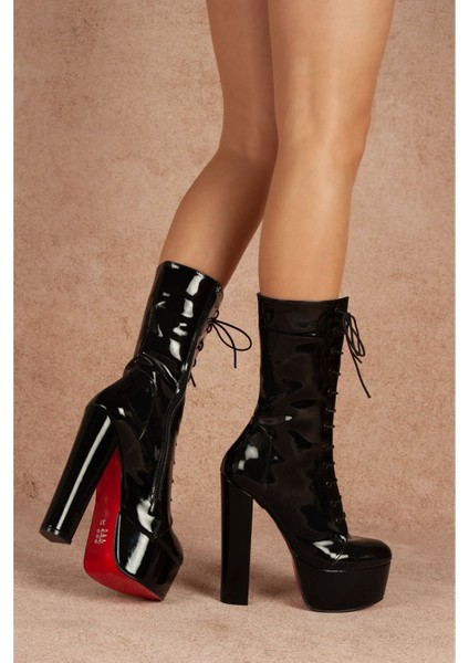 Duke Siyah Rugan Kadın Bot 15 cm Kalın Topuklu Günlük Kullanım için modelleri