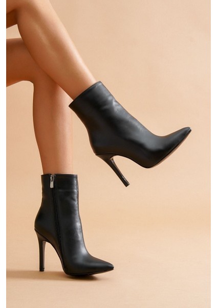 Kadın Fermuarlı Siyah Cilt Stiletto Topuklu Bot