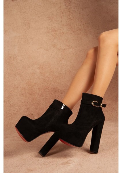 Zincirli Siyah Süet Kadın Yüksek Topuklu Platform Bot Rahat Yürüyüş İçin