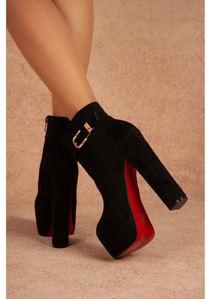 Zincirli Siyah Süet Kadın Yüksek Topuklu Platform Bot Rahat Yürüyüş İçin fiyatları
