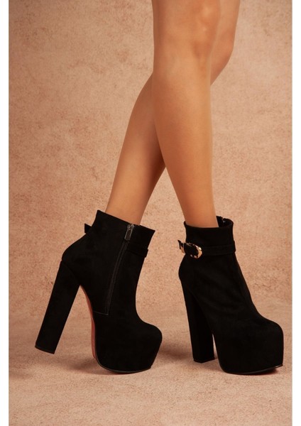 Zincirli Siyah Süet Kadın Yüksek Topuklu Platform Bot Rahat Yürüyüş İçin modelleri