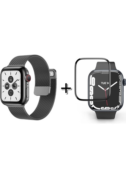 Apple Watch 9 45MM Için Metal Mıknatıslı Kordon Kayış + Ekran Koruma Filmi - FC157