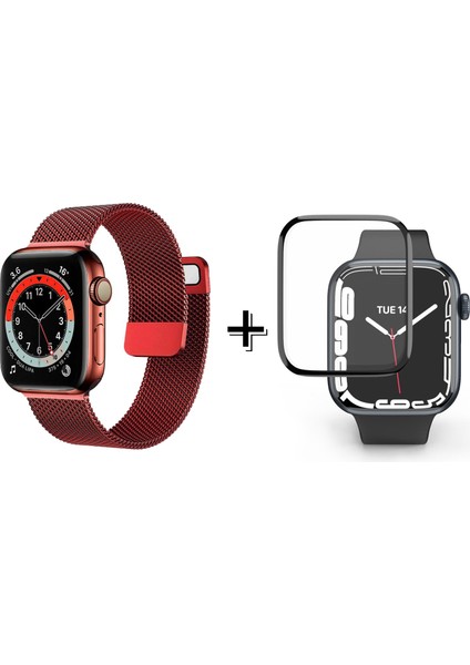 Apple Watch 9 45MM Için Metal Mıknatıslı Kordon Kayış + Ekran Koruma Filmi - FC157
