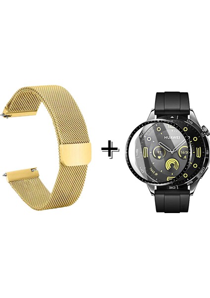 Huawei Watch Gt4 46MM Için Metal Mıknatıslı Kordon Kayış + Ekran Koruma Filmi - FC096